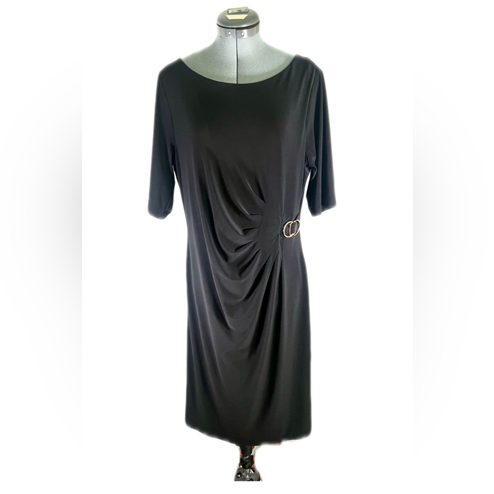 JH Women Short Sleeve Midi Dress Black with Gold Accent Side Clip Size 12